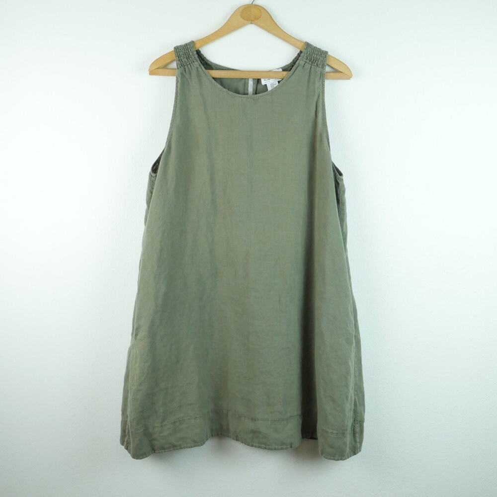 Nicole Miller XL 100% Linen A Line Mini Dress Olive Green Pockets Shift Beach